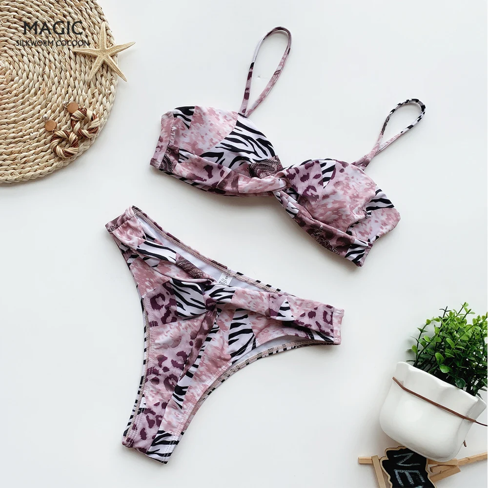 Женский комплект бикини с высокой талией из двух предметов принтом
