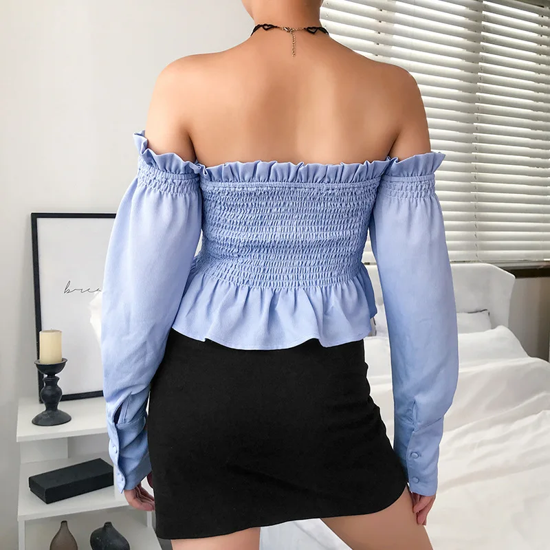 Пикантная женская шифоновая рубашка с открытыми плечами стрейчевая Клубная