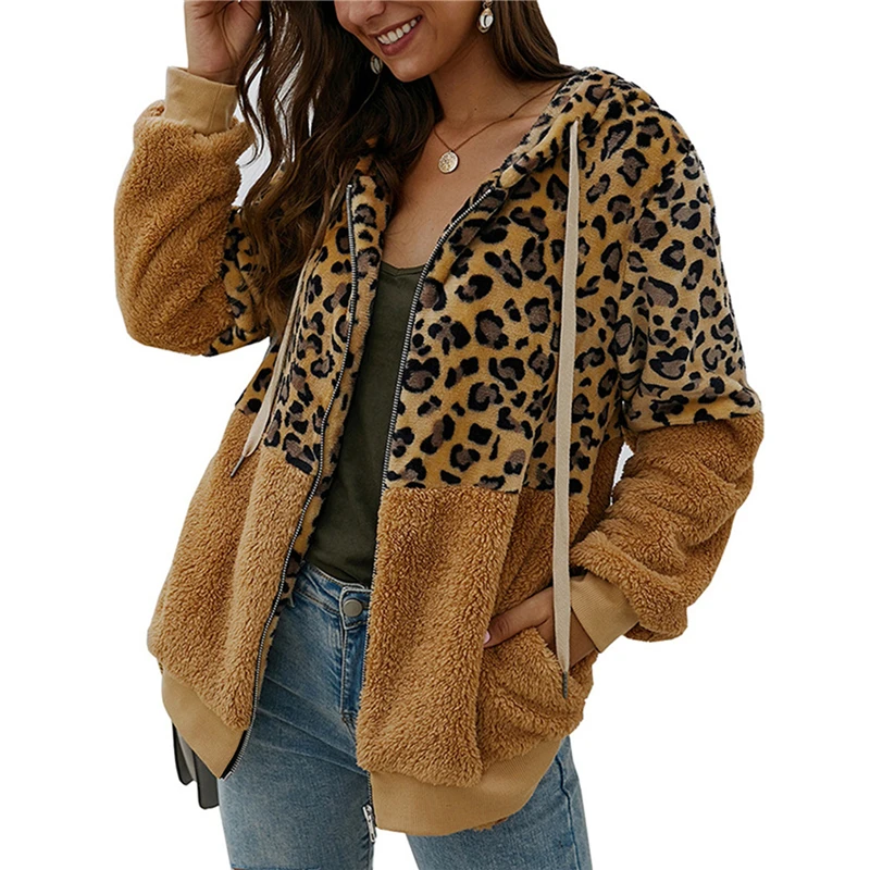

Ladies Warm Hooded Coat Women Fashion Leopard Patchwork Zipper Overcoat Plush Coat New Autumn Winter Waem Tops For Female