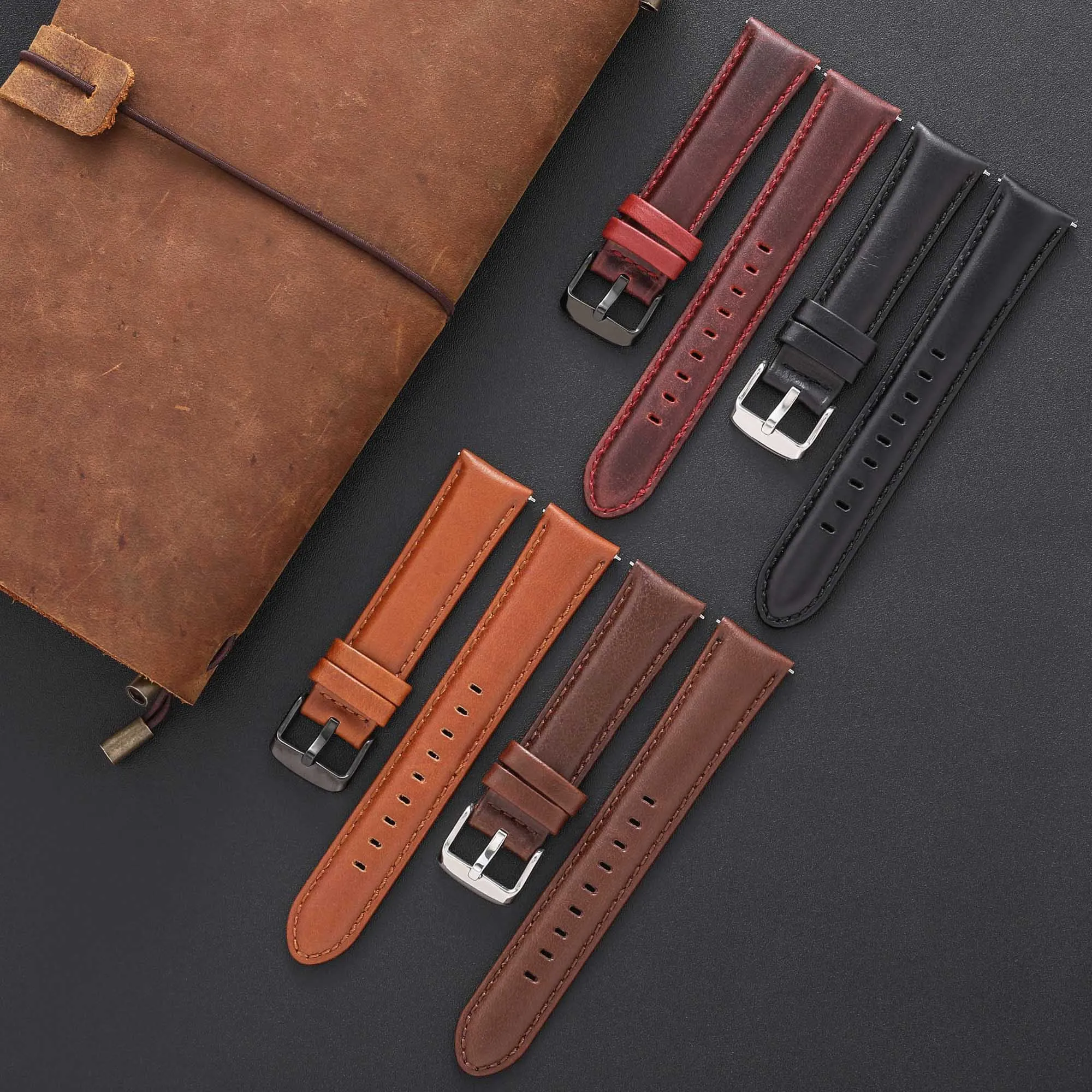 Oil Wax Genuine Leather Watchband 18mm 20mm 22mm 24mm Red Cowhide Leather Watch Bracelet Strap For Samsung Galaxy Watch 42 46mm
