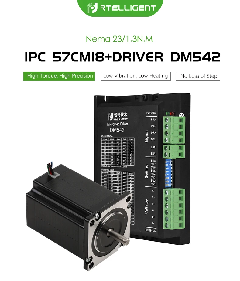 Rtelligent Nema 23 шаговый двигатель 57CM18 и Nema 23 Драйвер шагового двигателя DM542 драйвер мотор1.3n. M 24-48V DC шаговый комплект