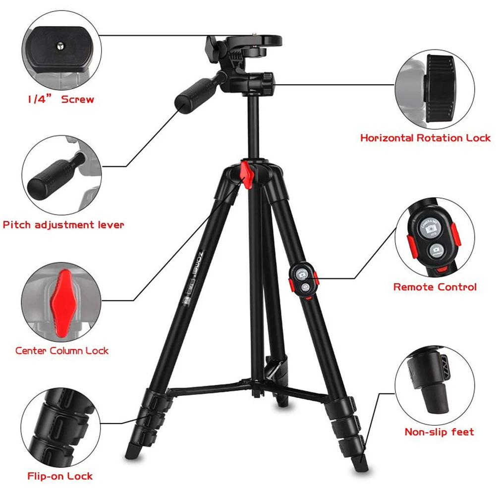 

Zomei T70 Portable Tripod with Phone Clip and Bluetooth Remote Black Red