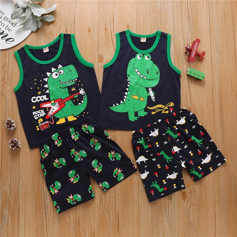 

Boys Casual Two-piece Clothes Set, Sleeveless Round Collar Dinosaur Printed Pattern Tops + Shorts