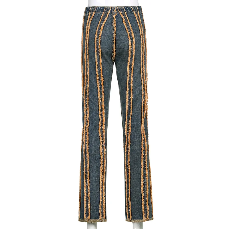 

Vintage 90s Aesthetic Tassel Jeans Women Low Waist Straight Leg Pants Contrast Stitched Distressed Denim Trousers