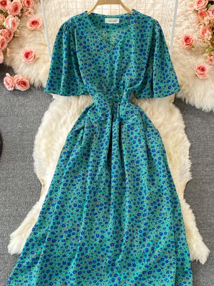 

YIZZHOY New Summer A Line V Neck Puff Sleeve Turtleneck Chiffon Pullover Woemn Dresses Vintage Floral Print Lady Short Dress