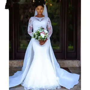 Plus Size 2 Pieces African Long Sleeve Lace Mermaid Wedding Dress Pure Detachable Skirt Train Bridal Gowns Robe De Mariee