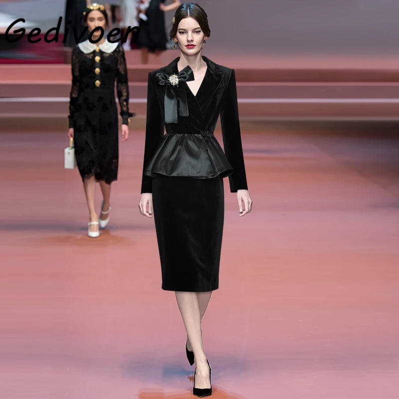 

Gedivoen Fashion Office Lady Autumn Black Half Skirt Suit Lapel Bow Spliced Ruffles Hem Coat + Mid-Calf Pencil Skirt 2-Piece Set