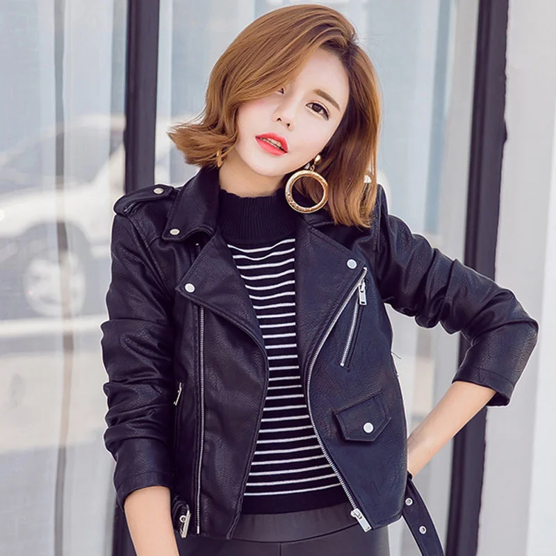 

leather women's coat short Korean slim Leather Jacket Large locomotive autumn top women's fashion