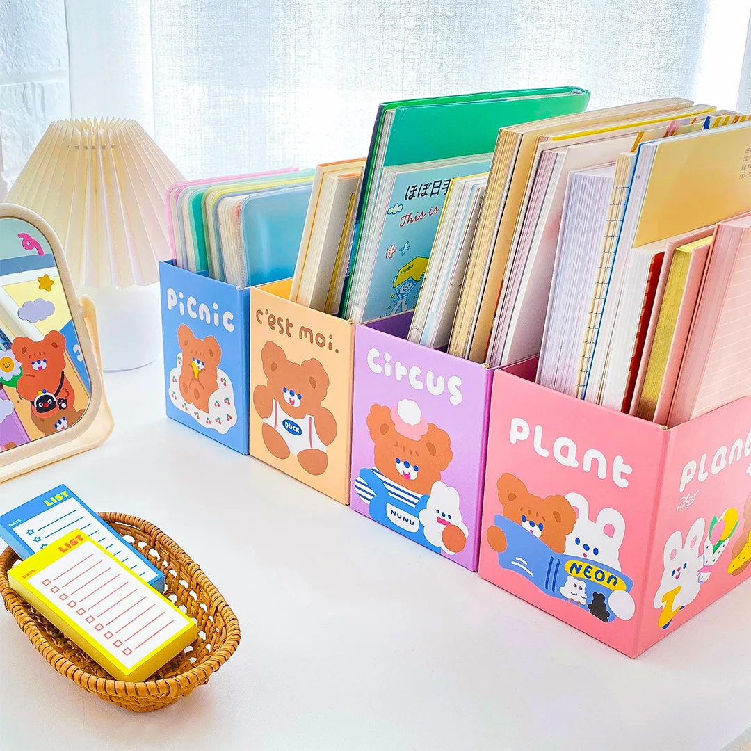 

Новинка Kawaii бумажные напильники коробка для хранения книг двухслойный мультяшный Медведь Кролик для документов для дома офиса настольная ...