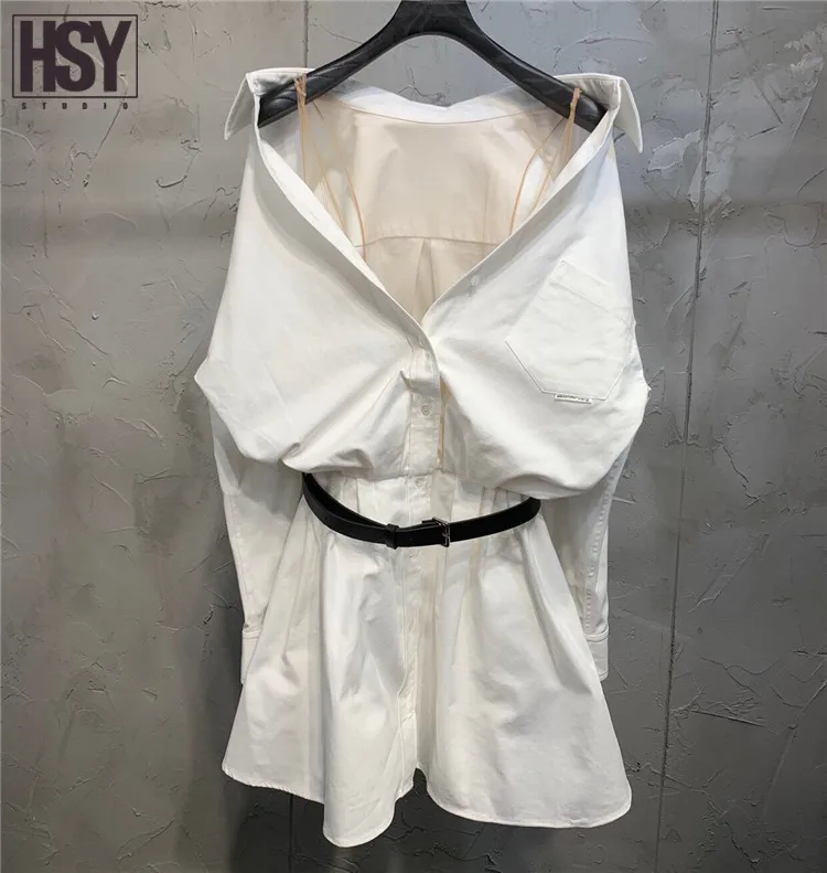 【HSY Studio】2019 new autumn women dress nets yarn vest patchwork fake two piece black belt off shoulder cotton white shirt | Женская