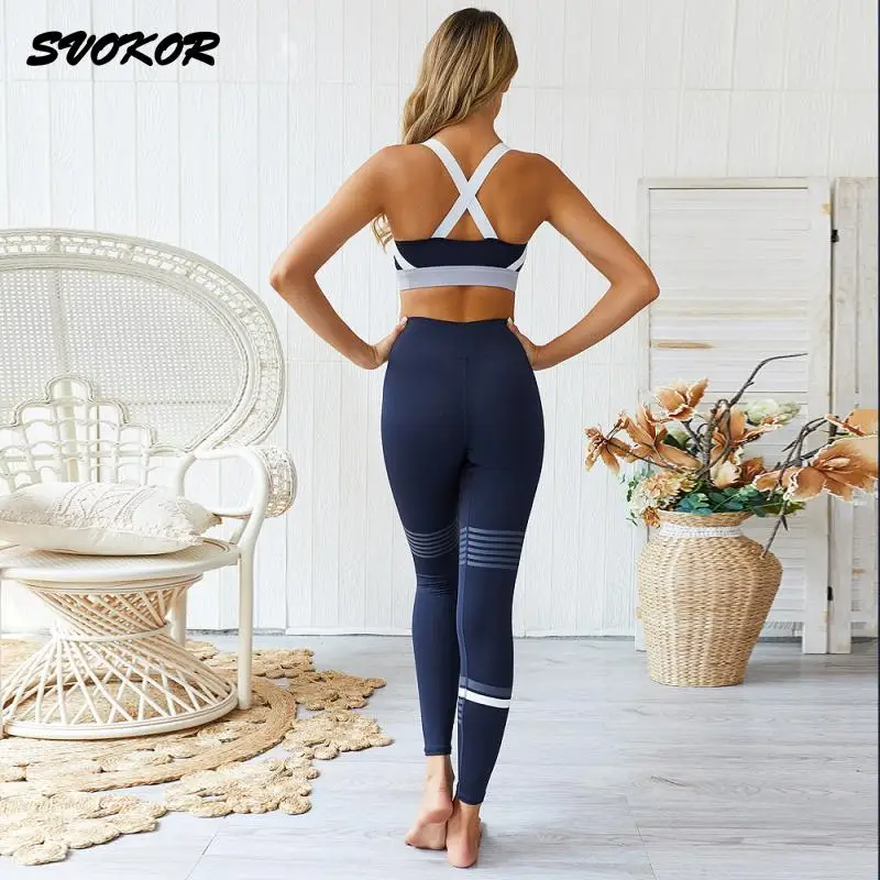 

SVOKOR 2 Piece Set Women Fitness Clothing Solid Stripe Yoga Set Seamless Sport Wear Gym Workout Push Up Leggings Backless Bra