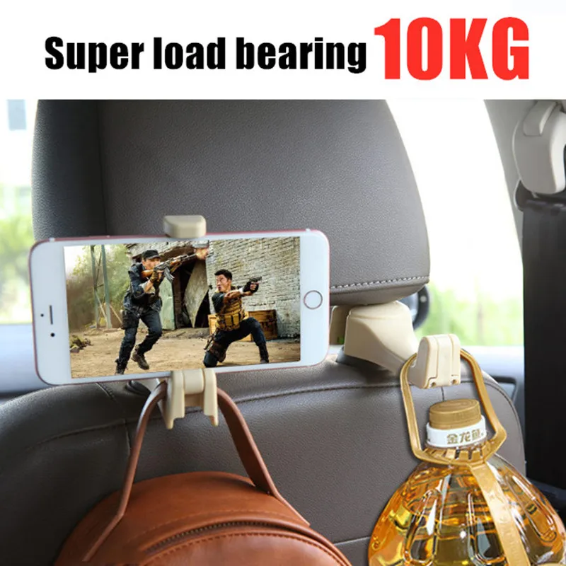 

Back Hook 2 in 1 Car Headrest Hook with Phone Holder Seat Back Hanger for Bag Handbag Purse Grocery Cloth Foldble Clips Organiz