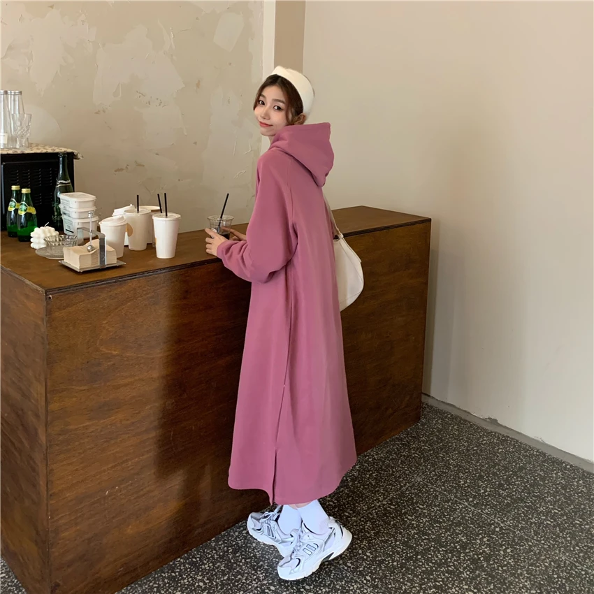

Autumn Winter Korean New Style All-Match Hooded Letter Printing Ankle-Length Sweater Dress Women