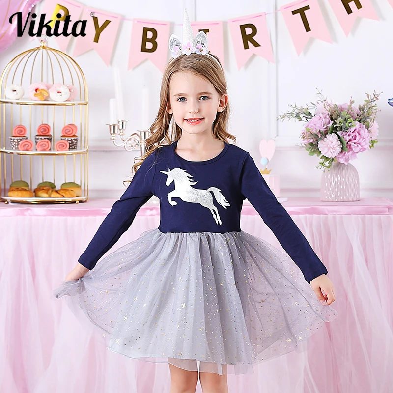 

VIKITA Brand Girls Unicorn Dress Girls Sequined Vestidos Kids Party Casual Tutu Dress Children Licorne Autumn and Winter Dresses