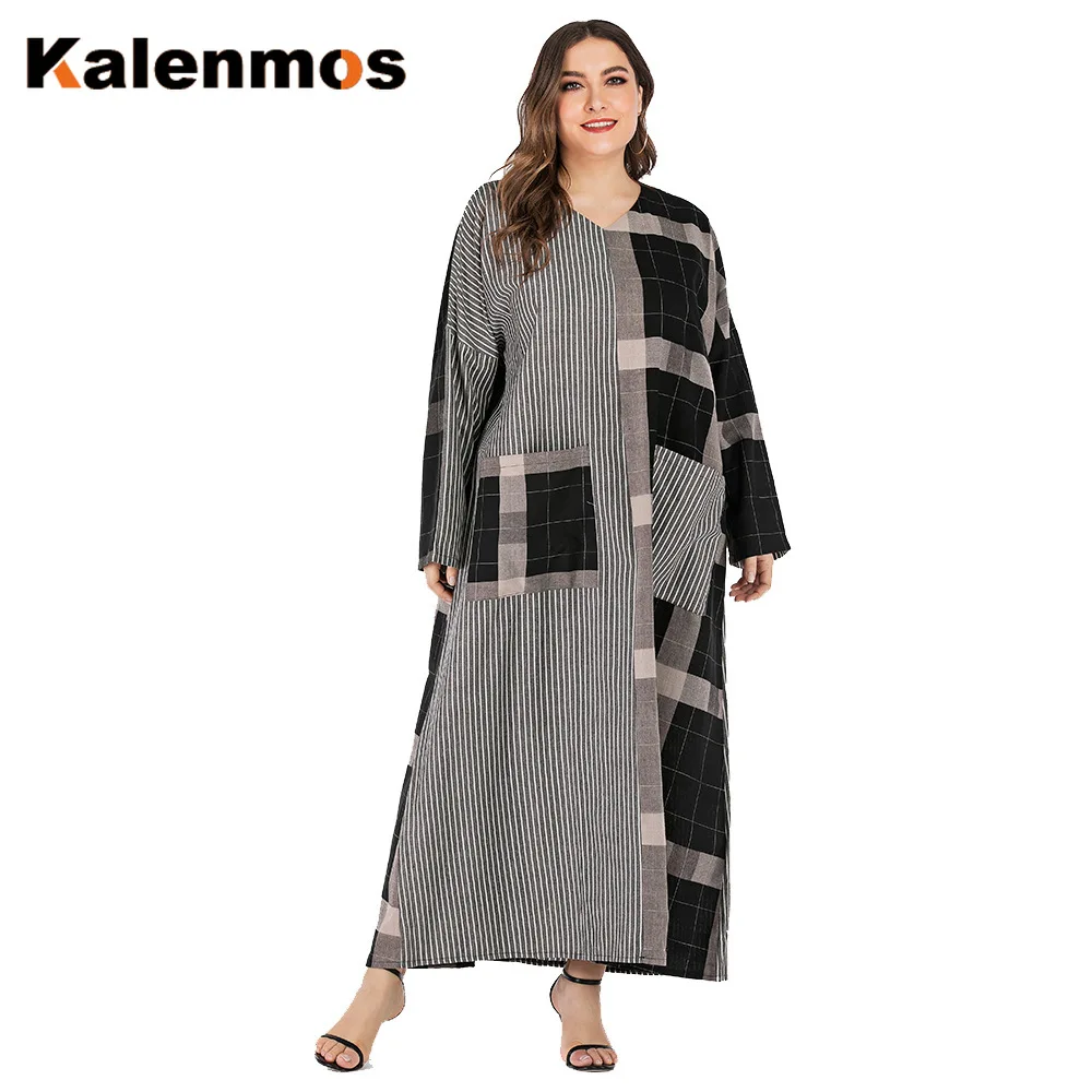 Женское свободное мусульманское платье в клетку с длинным рукавом и v образным вырезом турецкие исламские