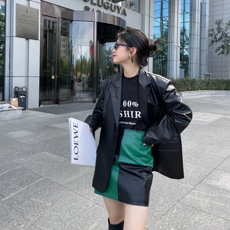2021 Autumn Vintage Women Casual Baggy Black Faux PU Leather Blazers Single-breasted Notched Collar Long Sleeve Female Jacket enlarge