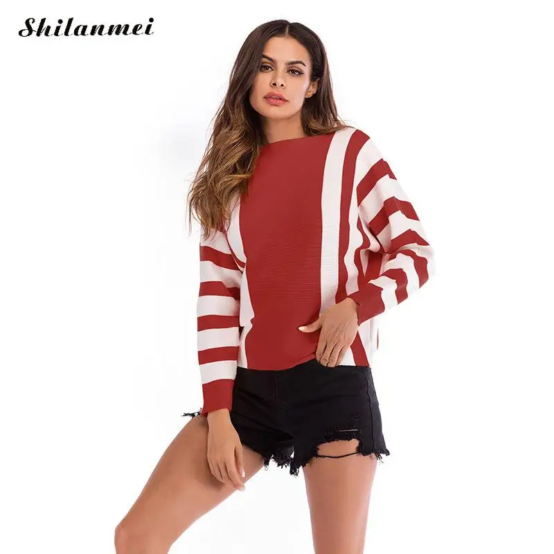 Винтажный красный женский свитер пуловеры полосатые Лоскутные свободные