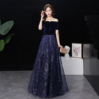 special occasion dresses vintage boat neck short luxury blue tulle lace off the shoulder a line backless women prom gown e1046