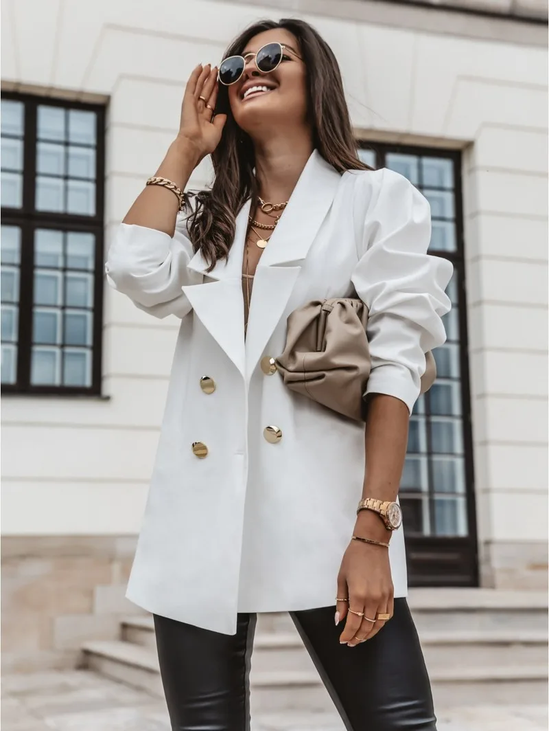 

Commute Blazer Women White Mid Length Solid Color Double Breasted Elegant Suit 2021 Spring Autumn Chic Plus Size Blazers Vintage