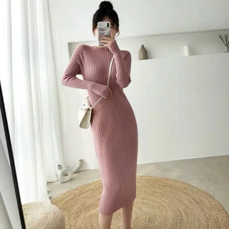 

Women Korean Knitted Midi Dress Long Sleeve Elastic Slim Elegant Solid Wear Autumn Winter Sexy Bodycon Chic Sweater L544