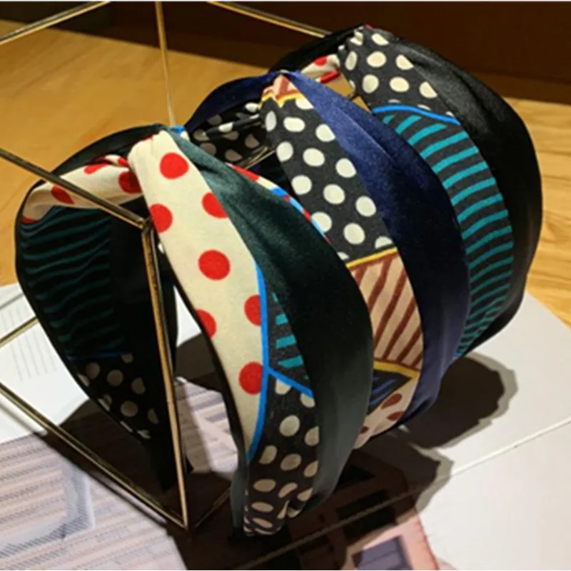 

Color Blocking Dots Print Headband Cross Women Hair Accessories Striped Hairbands Print Adults Girls Headdress Wide Head Band