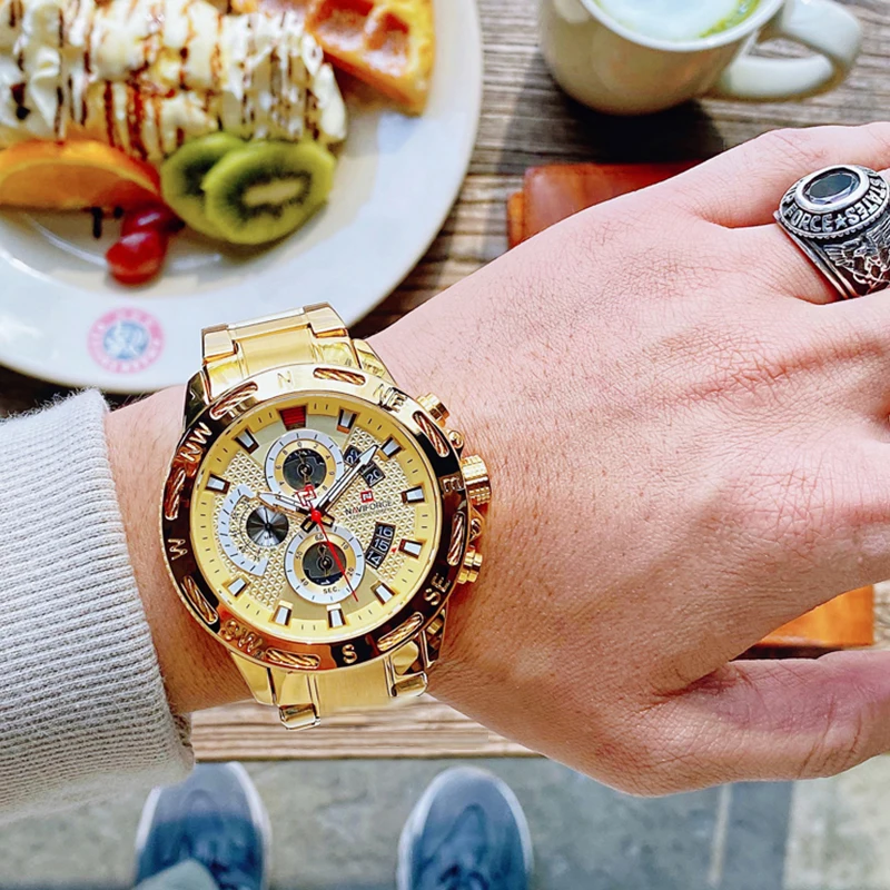 Часы наручные NAVIFORCE мужские с хронографом водонепроницаемые золотистые