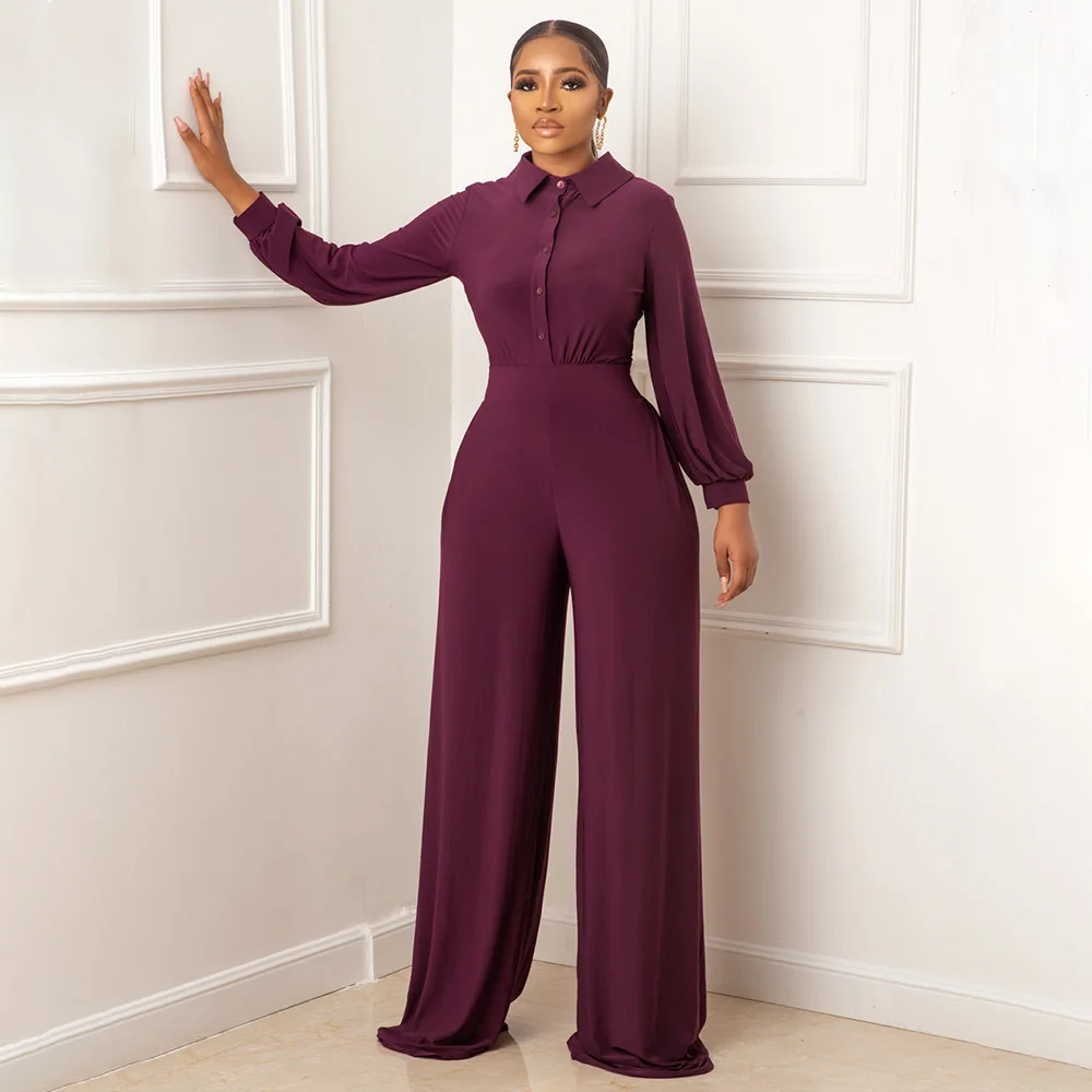 

Женский однотонный комбинезон с длинным рукавом, с высокой талией и широкими штанинами