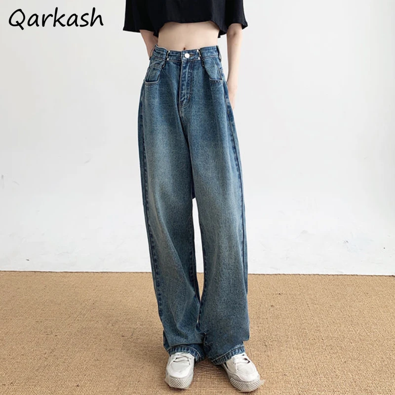 

Джинсы Женские однотонные с широкими штанинами, повседневные универсальные брюки из денима в Корейском стиле, уличная одежда с завышенной ...