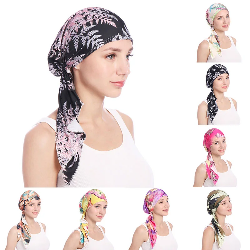 

Muslim Women Printed Hijabs Hats Turban Head Head Scarf Chemo Cancer Cap Hair Loss Hat Long Tail Bow Bonnet Wide Band Wrap Cap