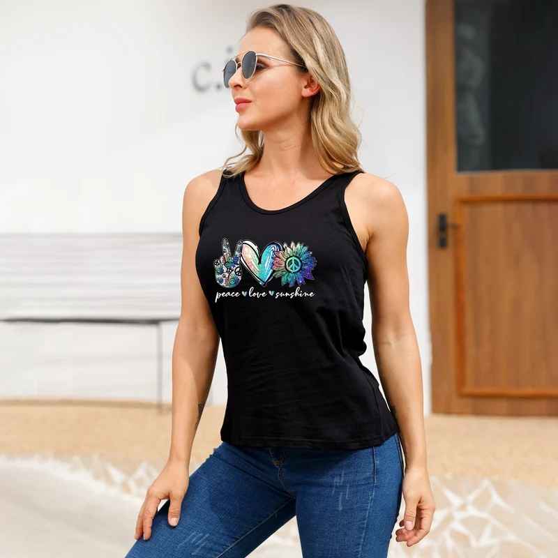 

Women Large Size Vest Summer Creativity Printed Tank Top Simple Black Round Neck Sleeveless Tops Basic Casual Tanks Women Clothe