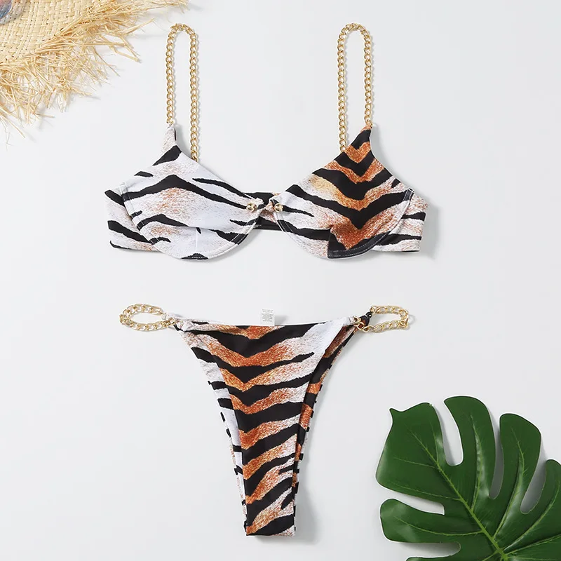 

Women's Sexy Bikini Metal Chain Decoration Sexy Plain Split Swimsuit 2021 New Solid Color Hot Pin Buckle Swimsuit Two Piece Suit