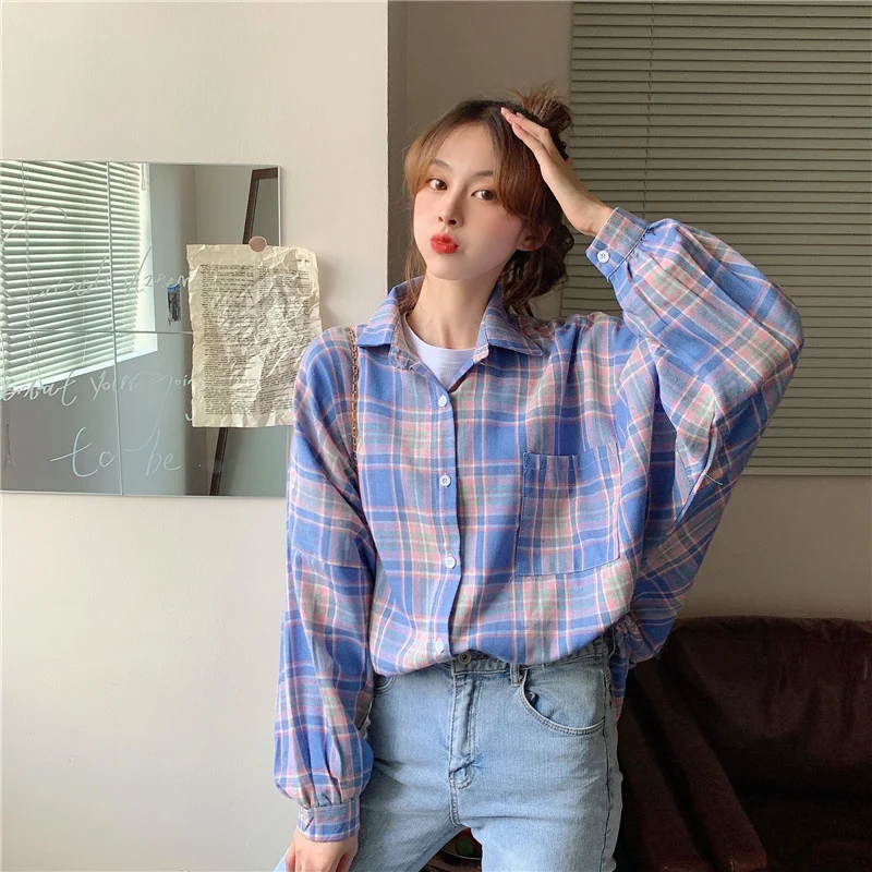 

Hong Kong Style Plaid Long-Sleeved Shirt for Women 2021 Early Autumn Retro Lazy Style Design Blouse