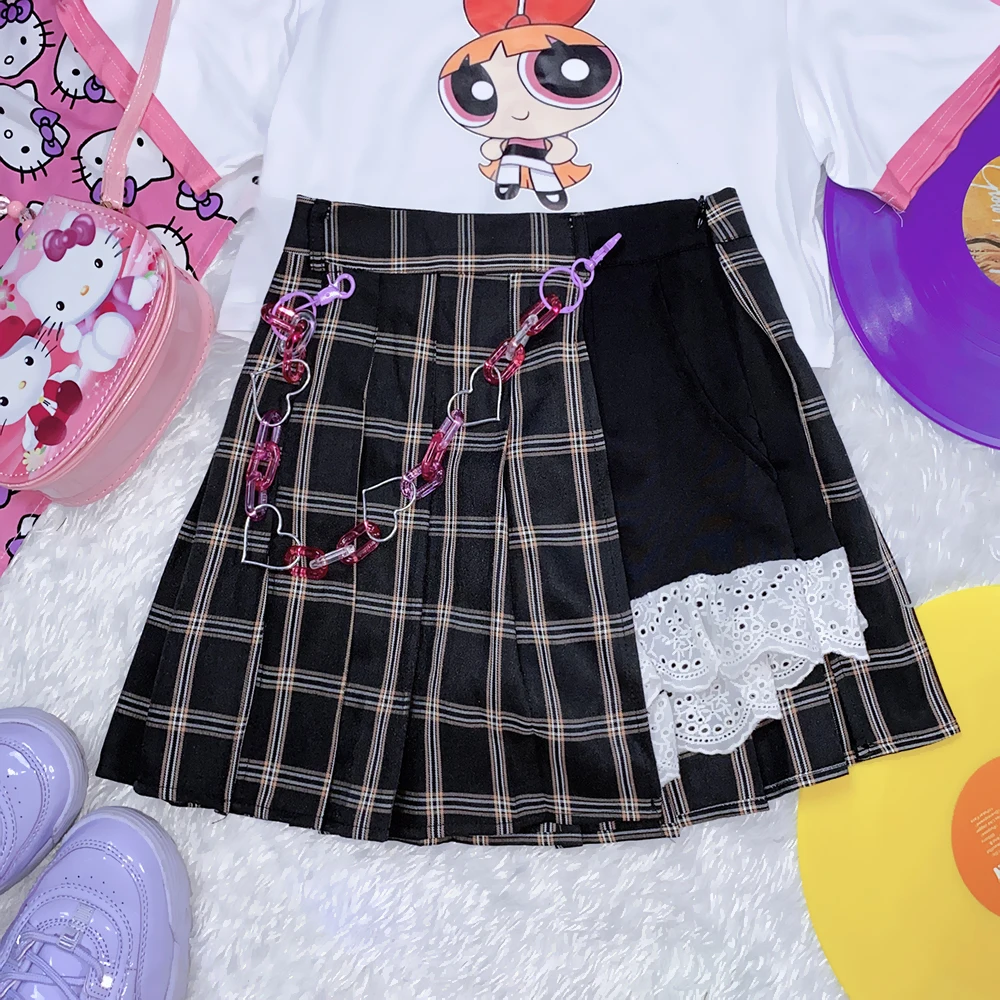 

2 Colors New Cute Mini Women Skirt Harajuku Kawaii Lace Plaid Stitching Loli Skirts Female Sweet Black Pink Pleated Skirt Mujer