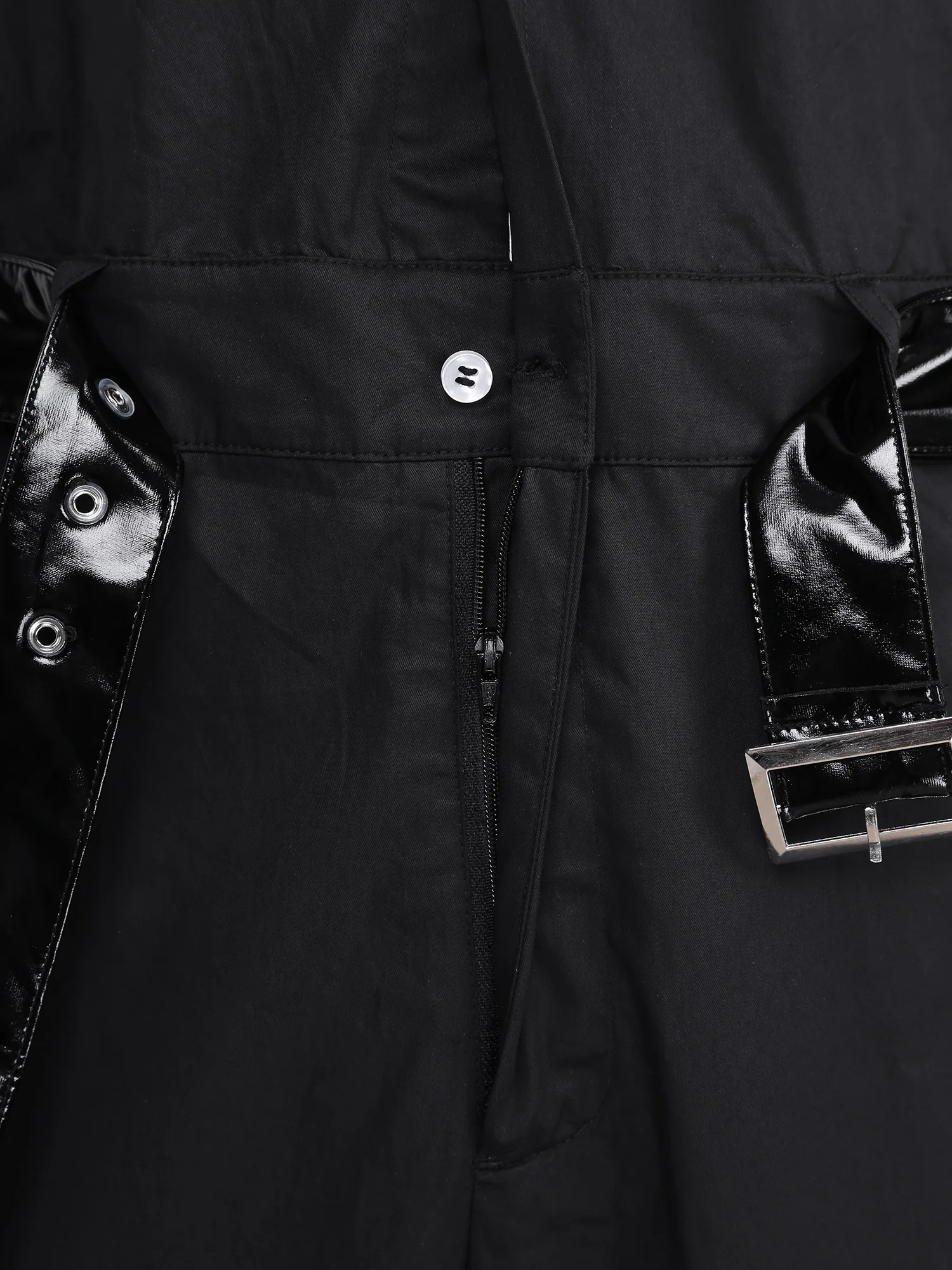 

Men Police Uniform Jumpsuit Short Sleeve Front Button Coverall with Patent Leather Belt for Halloween Role Play Costume Ball
