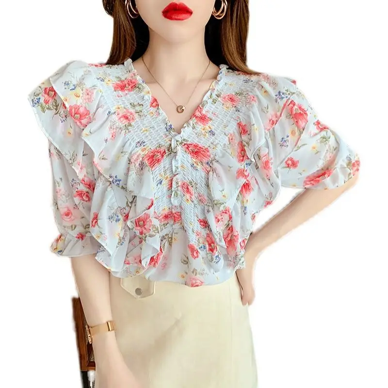 

2021 New Women Spring Summer Vintage Floral Print Chiffon Blouse Shirts Lady Casual Short Sleeve Ruffles V-neck Blusas Tops L540