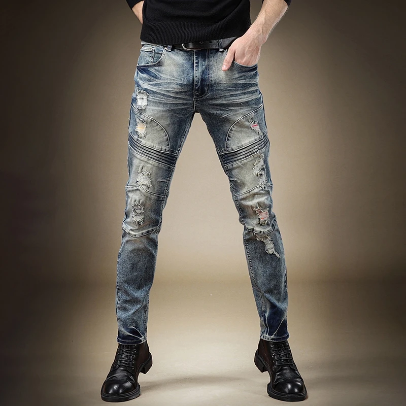 Free Shipping male American casual wash slim-fit jeans men's autumn winter tide brand new ripped motorcycle denim pants for men