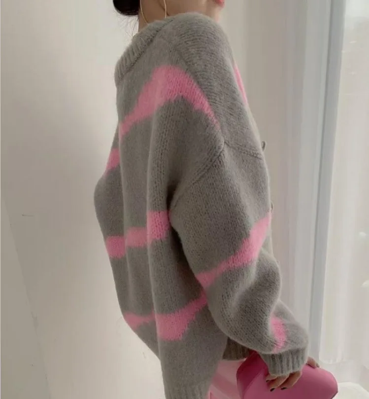 

Korean Striped Cardigan Sweater Women Loose Lazy Style V-Neck Knitted Cardigan Coat Outerwear 2021 Autumn Winter