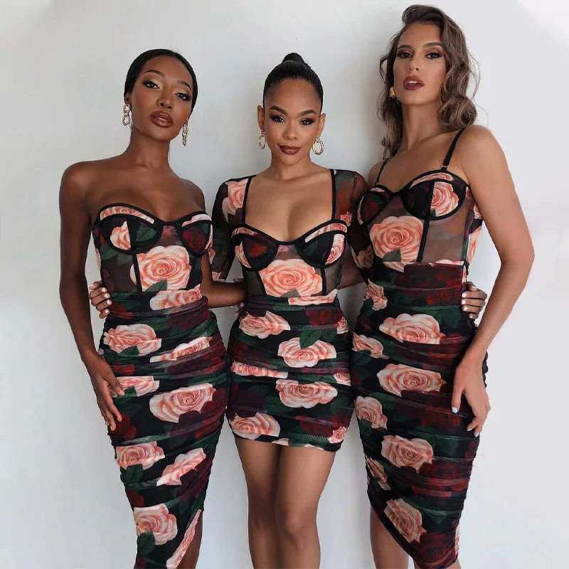 

Women's 2022 new pleated print square neck long sleeve slim dress