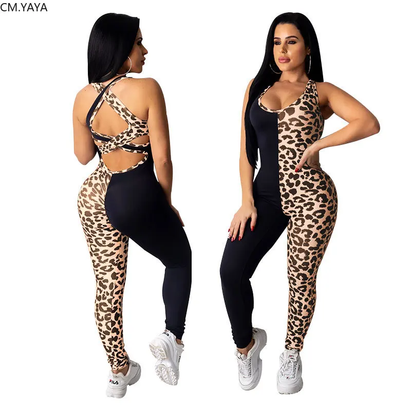 CM.YAYA Active Wear Leopard Print Patchwork Women Sleeveless Tank Open Back Bodycon Jumpsuit Streetwear One Piece Romper Overall |