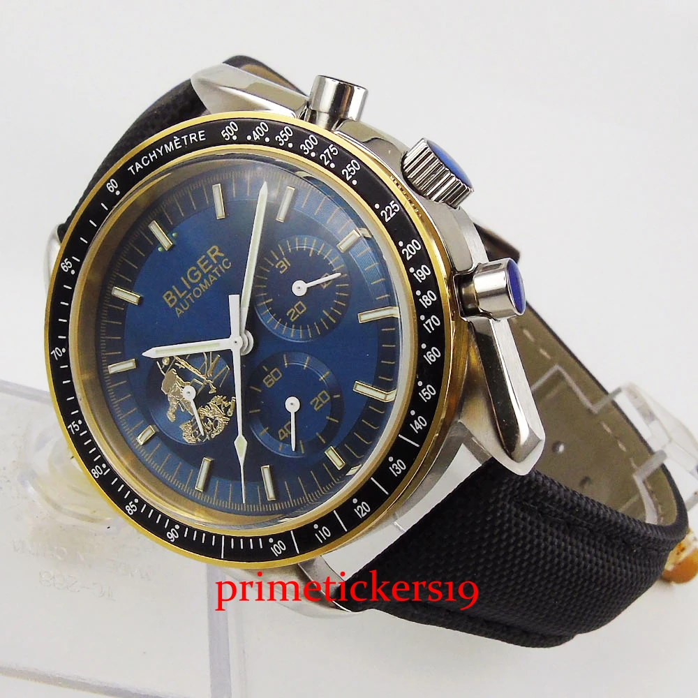 

bliger 40mm luxury blue dial coffee marks bronze plated leather strap date window automatic watch fashion men