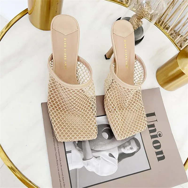 

2021 new net red same style women's sandals super sexy women's shoes square toe mesh slippers high quality 9 cmThin Heels 4-8 9