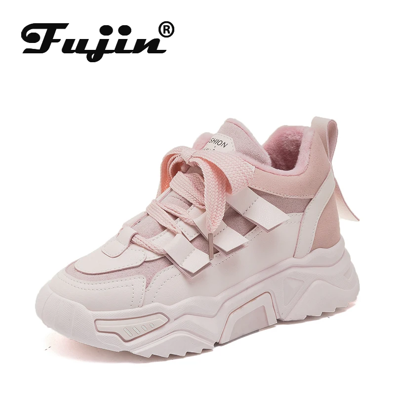 Fujin/зимние женские кроссовки с толстой подошвой и перекрестной шнуровкой теплые
