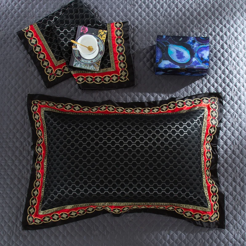 Blue Black Silk Satin Luxury Royal Bedding set Queen King size Bed Bed/Flat sheet spread Pillowcase Duvet cover | Дом и сад