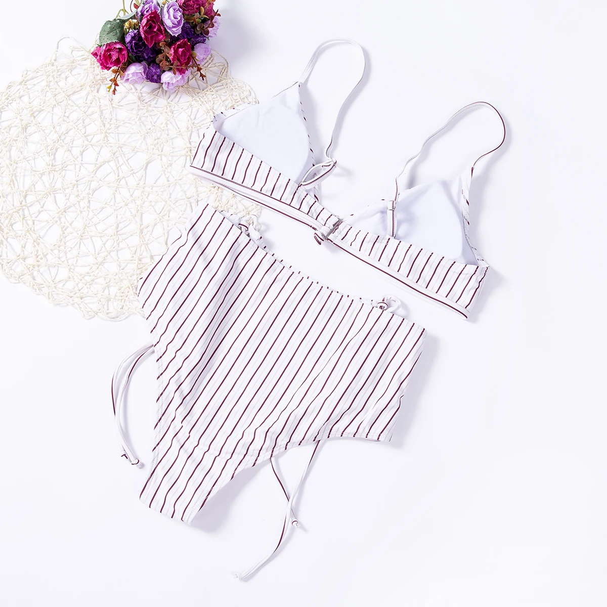 

Women 2PC Underwear Set Stripe Underwear Sling bra With Chest Pad/High Waist Lace-Up Panties Drawstring design simple style