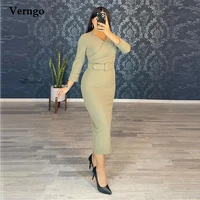 verngo modest pale green stretch satin formal party dresses mother prom gowns long sleeves v neck sheath tea length evening gown