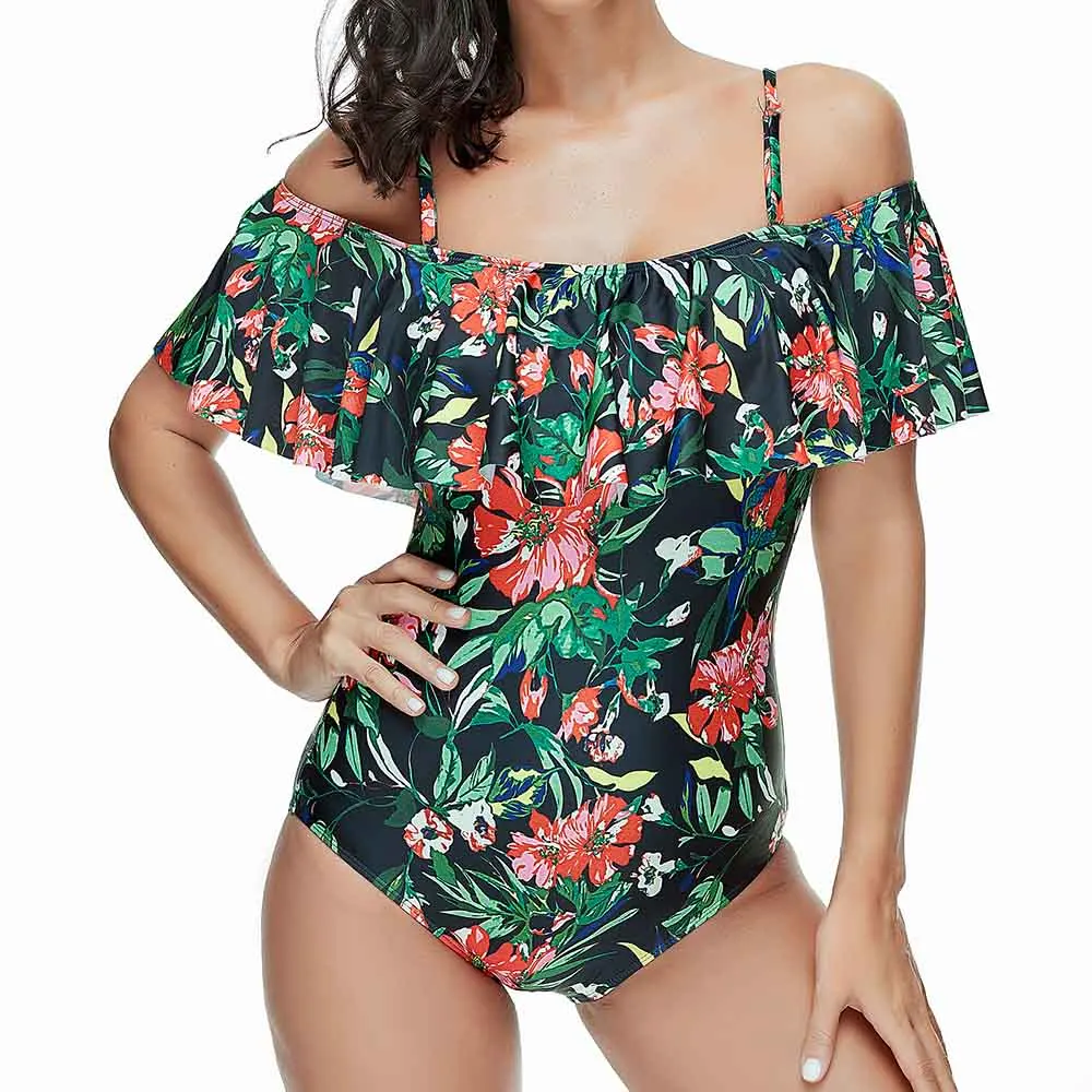 Сексуальный цельный купальный костюм с открытыми плечами цветочный принт одежда