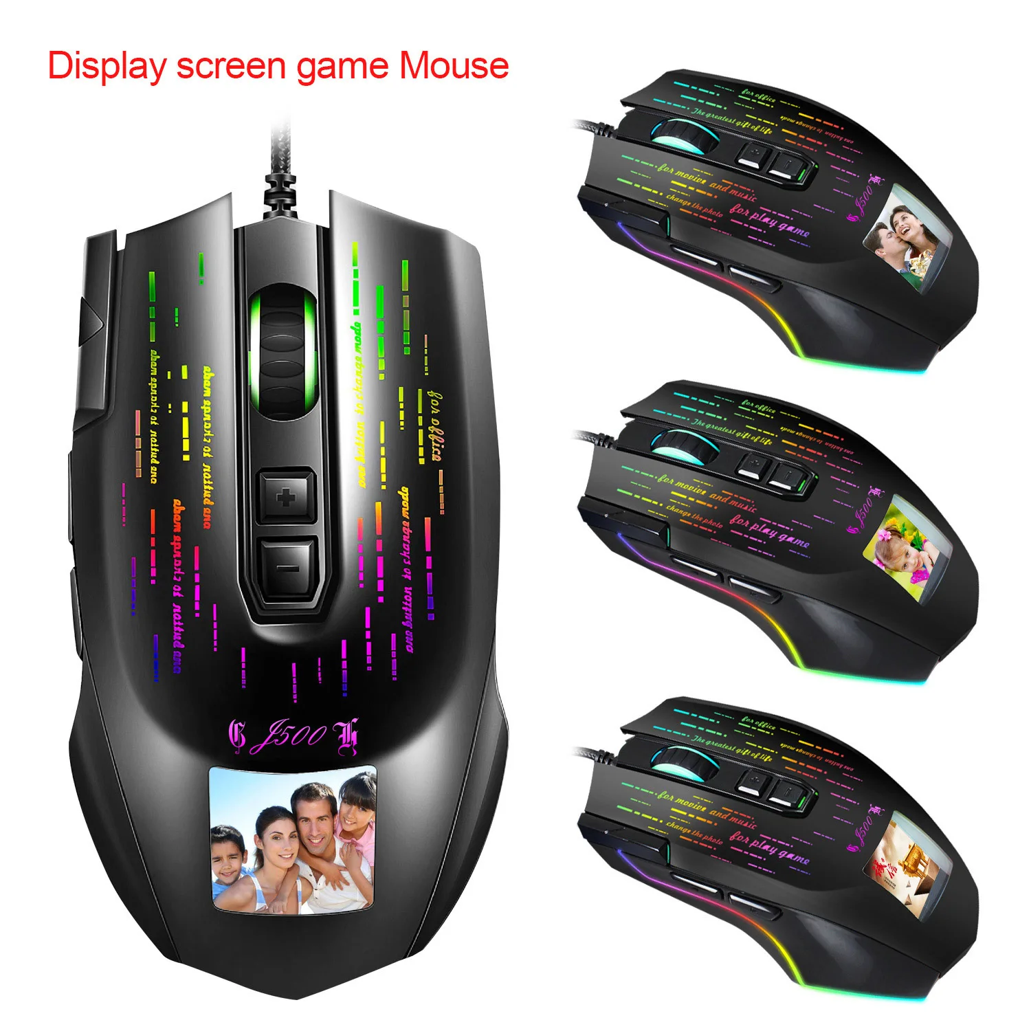 

New J500 Display Screen Game Macro Mouse Multi-Language Driver, Freely Set Picture, Wired Mouse for PC Laptop Games