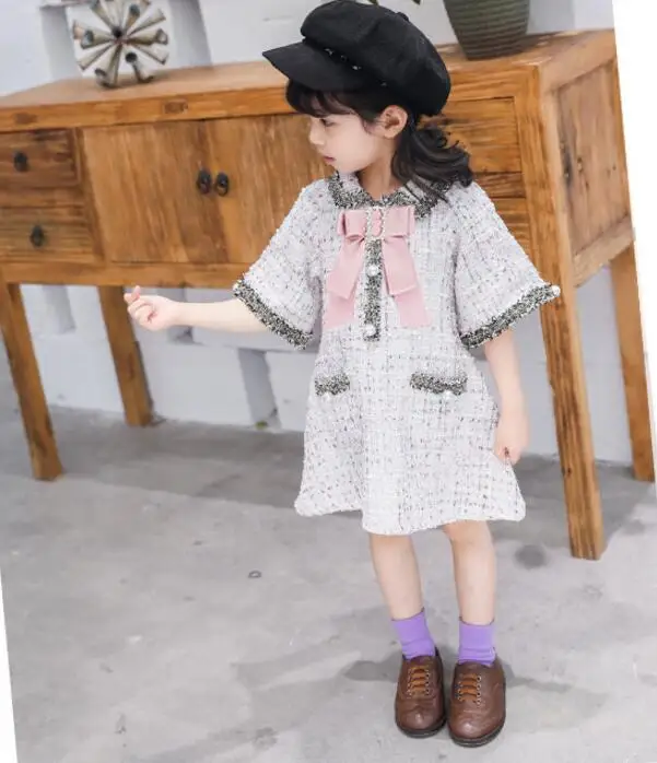 Брендовое платье для девочек Осень-зима 2019 детское клетчатое с бантом и