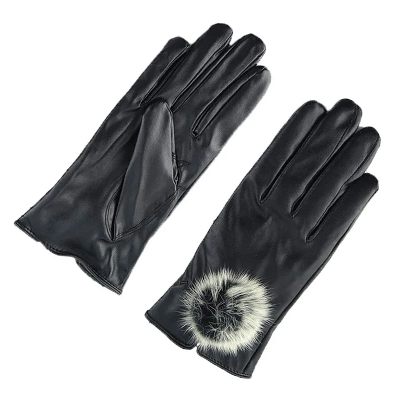 

New Fashion Women's Keep Warm Winter Soft Lining Pompom Decoration Gloves PU Leather Windproof Antifreeze Glove Christmas Gifts