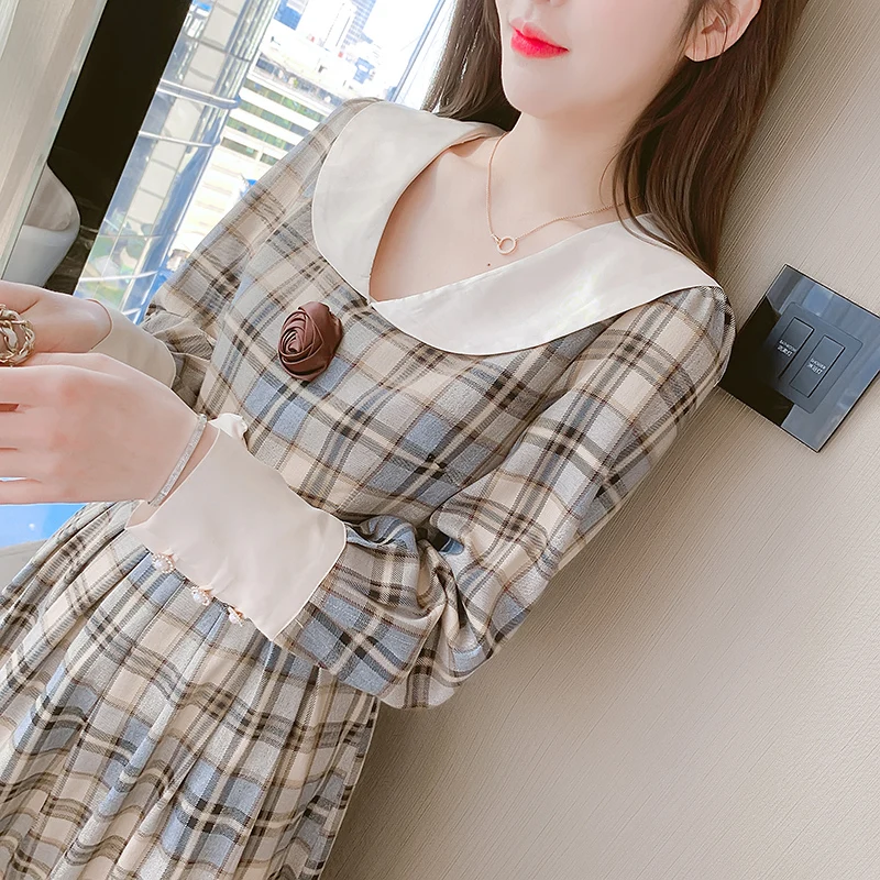 

Plaid Dress Women's Spring 2021 New Retro Forest Mid-Length Temperament High-Waist Dress Ladies Hedging Woven Cotton A-Line E498